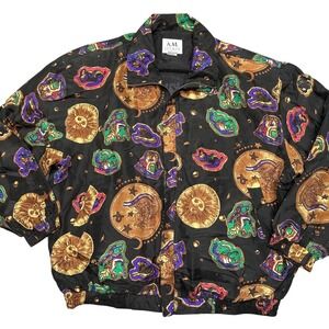 AM Studio Vintage 100% Silk Zodiac Celestial Bomber Jacket Black Gold 1X 90's